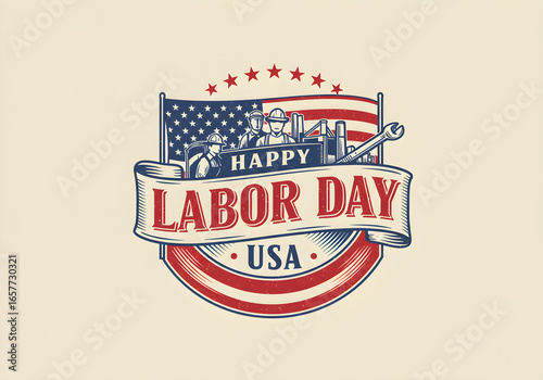 Happy Labor Day USA Vintage Badge with American Flag and Construction Workers | Patriotic Holiday Illustration for Posters, Banners, Social Media and Print Marketing