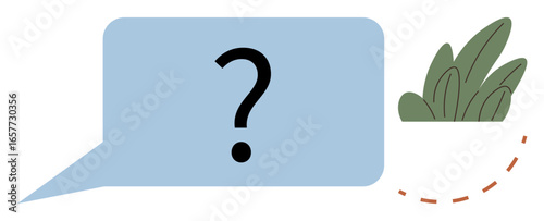 Speech bubble with question mark symbolizes inquiry and communication. Green plant adds balance and growth. Ideal for consultation, environmental discussion, problem-solving, education, creativity