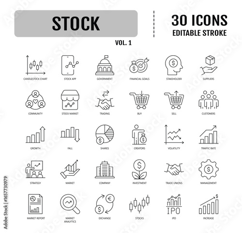 Stock Line Editable Icons set. Containing currency exchange, trading, profit, shareholder, types of markets and charts. Vector illustration