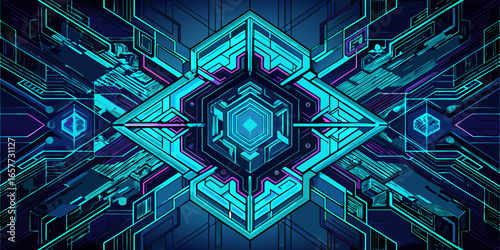 Geometric sci fi abstract background with neon blue and purple lines