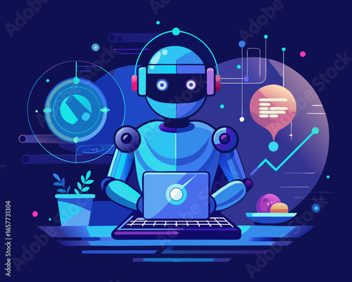 Robot with headphones working on a laptop with futuristic interface elements