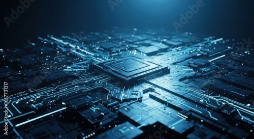 Advanced microprocessor circuit board with glowing blue lights and intricate connections
