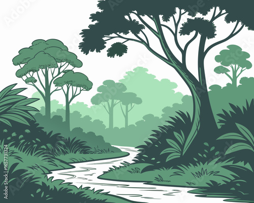 Stylized green forest landscape with winding river and lush vegetation