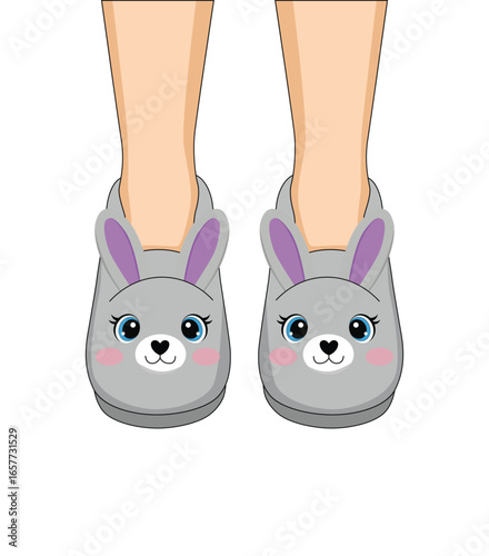 Childs feet in cute bunny slippers, a whimsical illustration