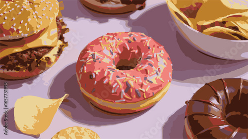 Close-up of a Pink Sprinkled Donut Surrounded by Junk Food doughnut sprinkles