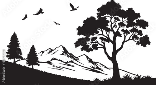 A black and white drawing shows a nature scene with mountains, a tree, and birds flying overhead.
