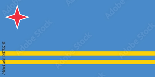 The flag of aruba featuring a light blue field with a red star and yellow stripes, simple flat design vector clipart, can use for travel or politics