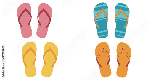 Colorful flip flops in different styles and colors on white background silhouette