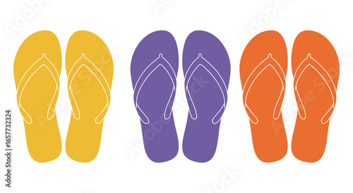 Colorful flip flops in yellow purple and orange on white background silhouette