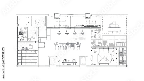 Detailed architectural floor plan of modern home with dining area kitchen and living room layout sketch style