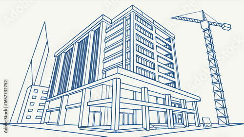 Blueprint architecture construction building design engineering drawing structure and crane sketch