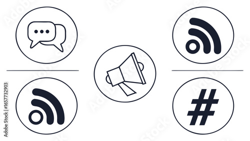 Collection of modern business icons including speech bubbles, megaphone, RSS feed, and hashtag symbol, symbolizing communication, broadcasting, and social media engagement on a white background