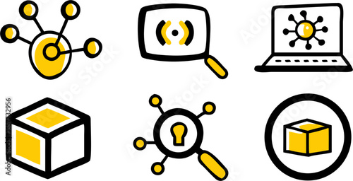 A set of six clean, minimalist technology icons in an outline style, encompassing various concepts of data analysis, security, and digital innovation for website design