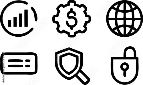 A modern set of six outlined icons representing key business functions financial analytics, global communication, secure data, and operations.