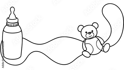 Continuous line art illustration of a baby bottle with a feeding nipple and a plush teddy bear, suitable for baby-related designs and creative projects, featuring a minimalist artistic style.