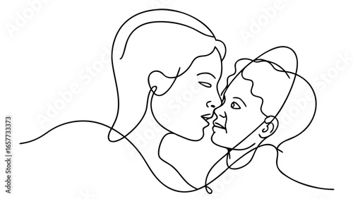 Continuous Line Art A Mother's Tender Kiss - Minimalist Vector Illustration Showcasing Affection and Family Bond in a Single Stroke