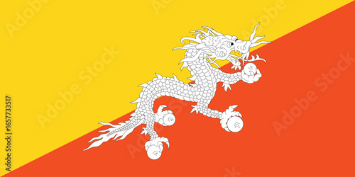 The national flag of bhutan featuring a white dragon on a yellow and orange field, simple flat design vector clipart, can use for travel or politics