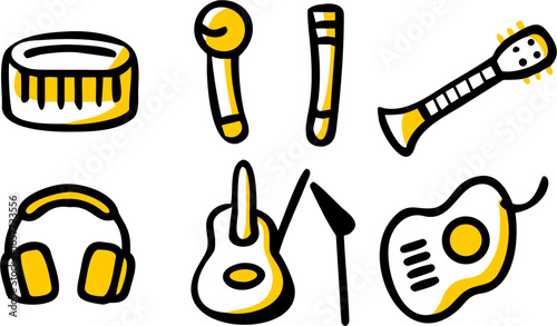 A vibrant collection of six hand-drawn vector icons featuring musical instruments and audio equipment, perfect for creative projects and design assets.