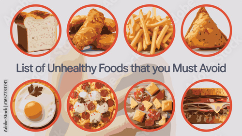 Collection of Unhealthy Foods to Avoid Presented in Circular Frames with Text junk food diet