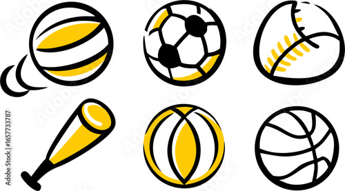 Six Unique Vector Icons Arranged in 2 Rows A Collection of Sports Balls and a Baseball Bat for Designers & Enthusiasts