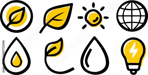 Set of eight diverse vector icons representing nature, energy, and global sustainability, perfect for eco-friendly branding and environmental themes