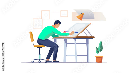Illustration of a designer working on a drawing board for architecture and engineering design project