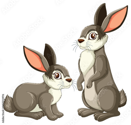 Two Cartoon Rabbits Sitting and Standing Together