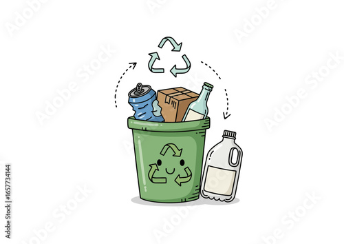 Cute recycling bin doodle with various trash