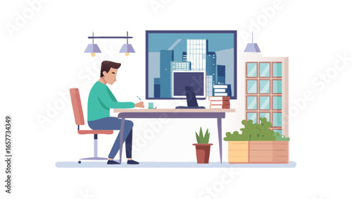 Man working at desk home office illustration vector design for remote work and freelance lifestyle concept