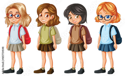 Four Schoolgirls Standing with Backpacks in Uniforms