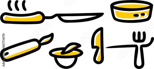 Stylized cooking and kitchen essentials rendered in a vibrant yellow and black line art style, perfect for illustrating food preparation and culinary concepts