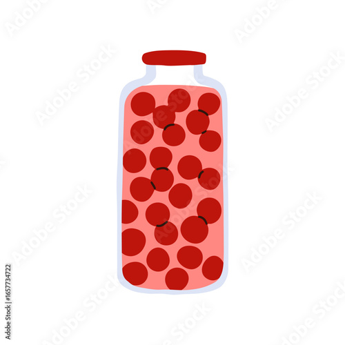 Berry compote preserved in jar. Cherry drink in glass bottle with lid. Sweet homemade beverage infused with natural fruit, refreshing vitamin. Flat vector illustration isolated on white background