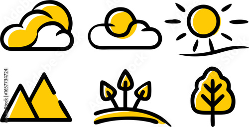 Create a captivating collection of six vector icons perfectly arranged in two rows, symbolizing elements of nature with a touch of minimalism and vibrant yellow color for visual appeal