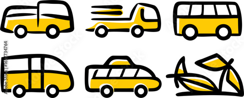 A collection of six distinct geometric outline vector icons representing various modes of transportation in a minimalist yellow and black style, ideal for design projects and digital interfaces