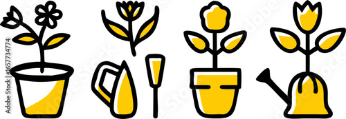 Set of hand-drawn vector icons in a simple minimalist line art style. This gardening and horticulture collection features potted flower and plant drawings