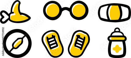 Six vector icons, two rows of three, depicting everyday objects and symbols in yellow and black graphic style for diverse digital applications.