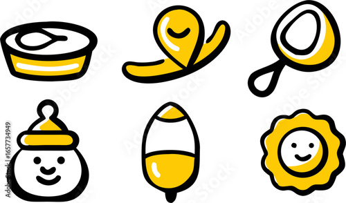 Collection of six simple, cartoonish vector icons representing food, drink, and baby items, arranged in two rows for easy recognition and use.