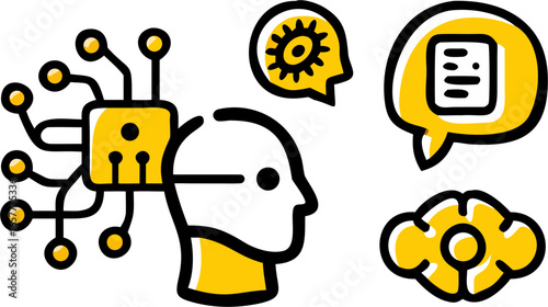 Minimalistic vector set of 6 AI-themed icons arranged in a cluster, perfect for illustrating artificial intelligence, machine learning, and cognitive computing concepts.
