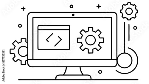 Explore the world of coding with this stylish one-line drawing of a desktop monitor featuring coding symbols, perfect for illustrating software development concepts.
