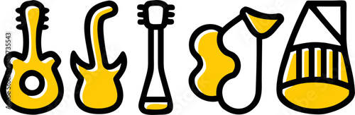 Set of 6 Yellow Musical Instruments Icons on White Background - Vector Illustration Featuring Guitar, Bass, Trumpet, Drum, and More for Design