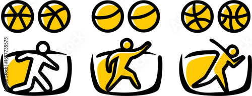 Dynamic collection of six abstract vector icons, arranged in two rows, depicting sport elements and active human figures, ideal for modern graphic design and athletic themes.