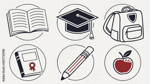 Six educational vector icons in a neat two-row layout showcasing academic symbols like an open book, graduation cap, backpack, diploma, pencil, and apple, representing learning and knowledge.