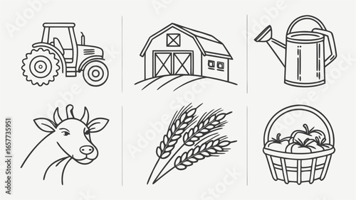 Versatile set of six farming and agriculture line icons. This essential collection includes farm machinery, barn, livestock, crops, and gardening tools.