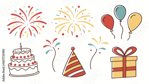 Happy Birthday celebration vector graphic icons with festive cake, balloons, gift box, fireworks and party hat in a cheerful arrangement