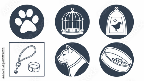 Six Pet Care Icons Paw Print, Birdcage, Cat, Leash, Food Bowl Vector Collection Promoting Animal Wellbeing and Responsible Pet Ownership