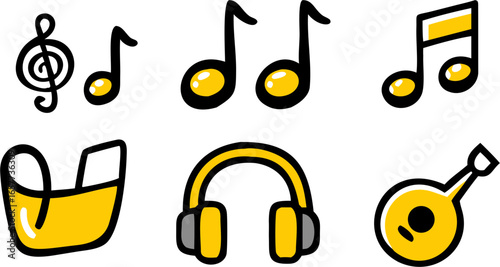 Six Whimsical Yellow Music Icons Notes, Headphones, and Mandolin, arranged in two rows on a white background in a cartoonish style