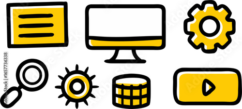 Set of six unique hand-drawn vector icons arranged in two rows, illustrating technology and business concepts with a yellow and black sketch style.