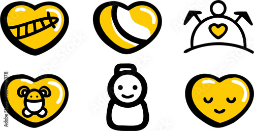 Set of Six Unique Vector Icons in Two Rows Symbolic Yellow Hearts Conveying Diverse Meanings on White Background