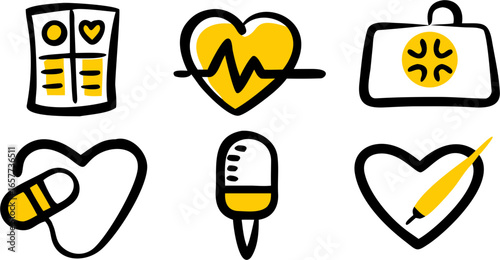 Set of six hand-drawn healthcare and medical icons arranged in two rows. Vector symbols for wellness, cardiology, and treatment concepts.
