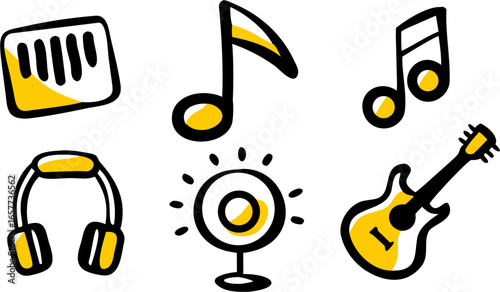 Six Vector Music Icons Arranged Neatly Keyboard, Notes, Headphones, Microphone, and Guitar for Creative Projects